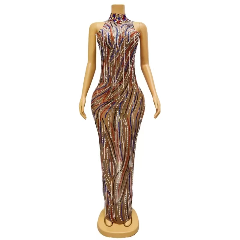 

Colorful Rhinestones Fringe Tassel Mesh Transparent Long Dress Celebrity Singer Model Evening Celebrate Prom Party Stage Costume