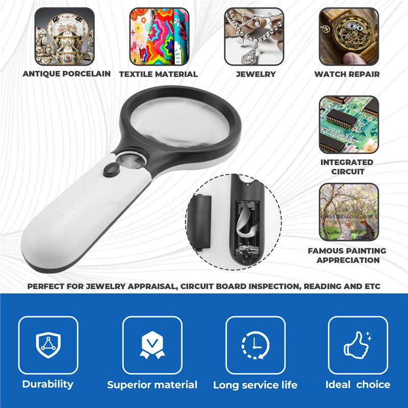 QWE-3 ไฟ LED 45X มือถือแว่นขยายอ่านแว่นขยายเลนส์เครื่องประดับ Loupe