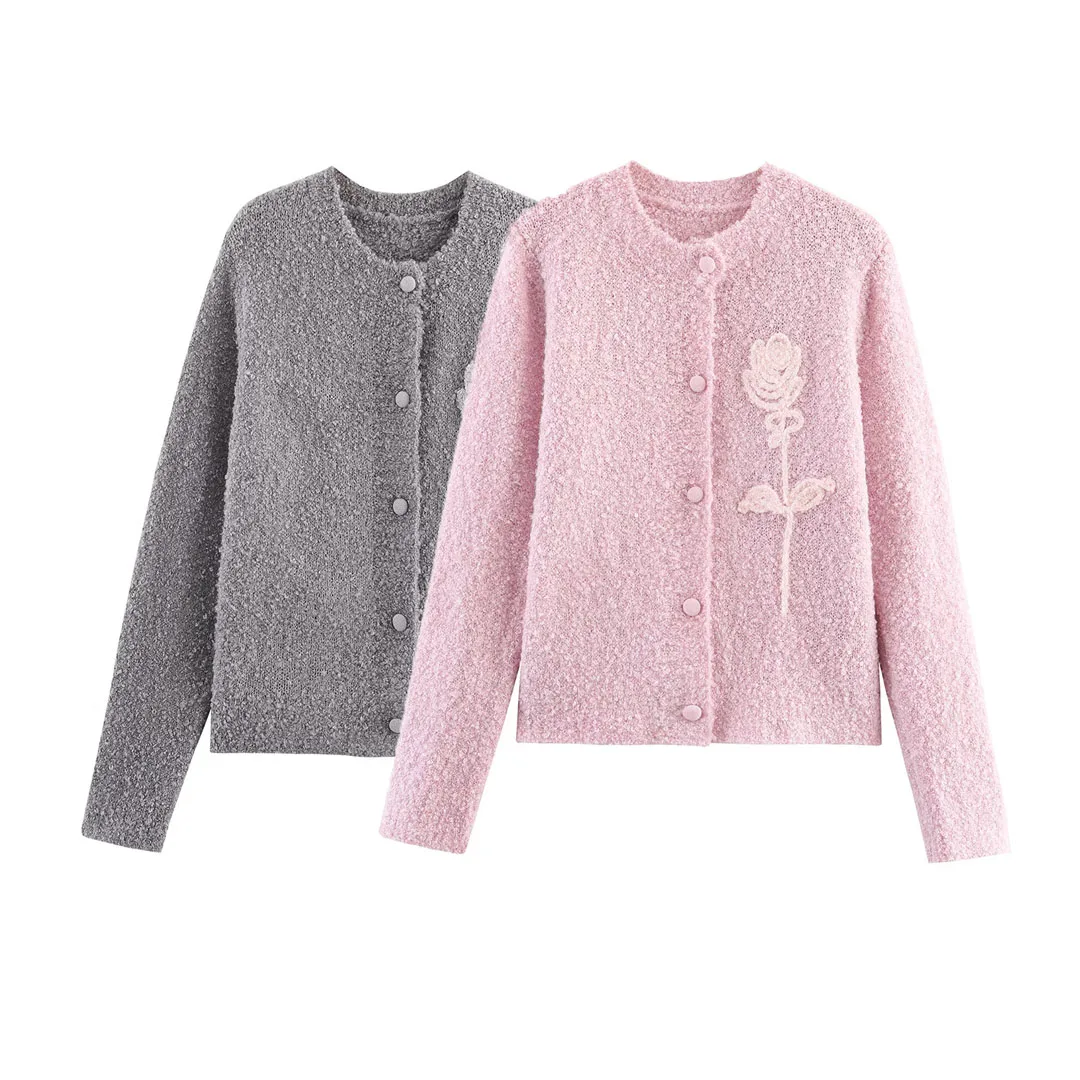 

Korejepo Autumn Winter New Women Clothing European American Style Rose Knit Sweet Looped Yarn Round Neck Cardigan Jacket Top