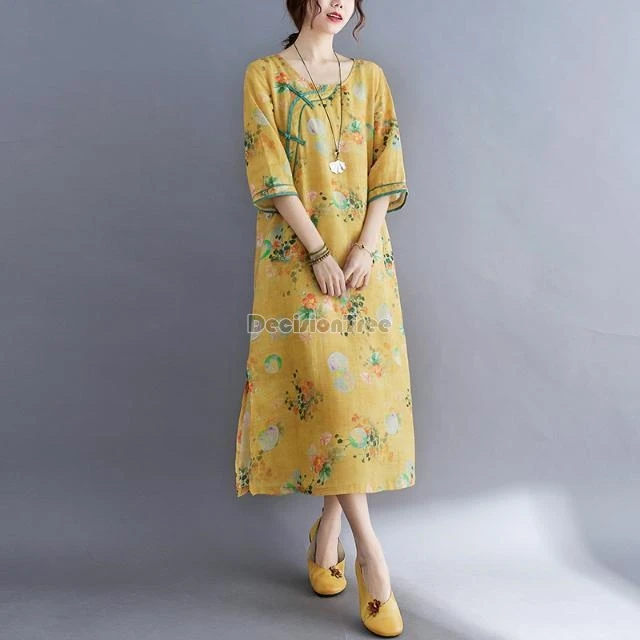 2024 chinese style exquisite floral printing qipao dress round neck loose sleeved button pocket vestido casual daily split dress