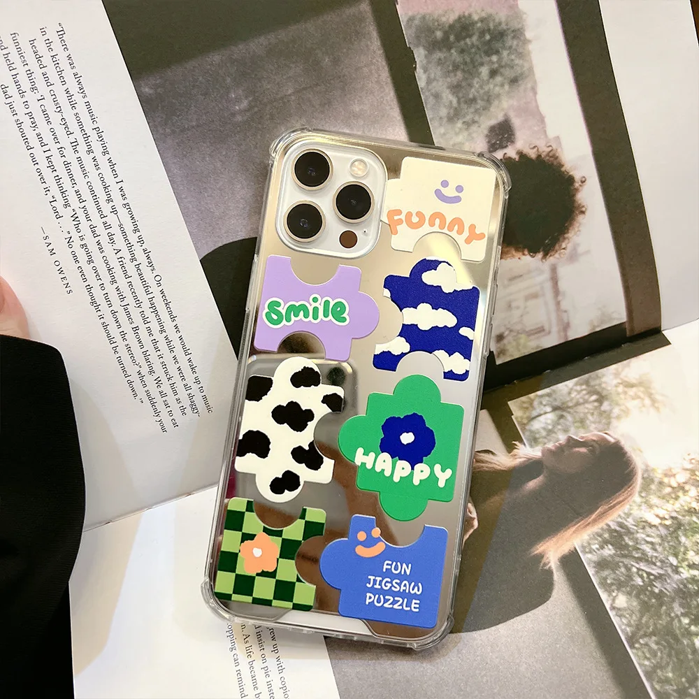 Cartoon cute smiley puzzle mirror Phone Case for iPhone 14 13 12 11 Pro Max Plus Mini X XS XR 7 8 SE 2020 Shockproof rear shell