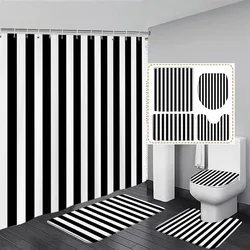 Black and White Striped Shower Curtain Set Modern Geometric Bath Curtains Bathroom Decor Carpet with Bath Mats Toilet Lid Cover