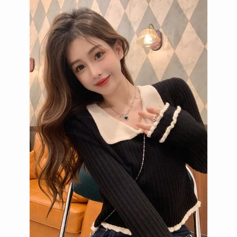 

Корейский воротник-поло, милые вязаные пуловеры, женские осенне-зимние модные офисные женские свитера, универсальные однотонные трикотажные топы