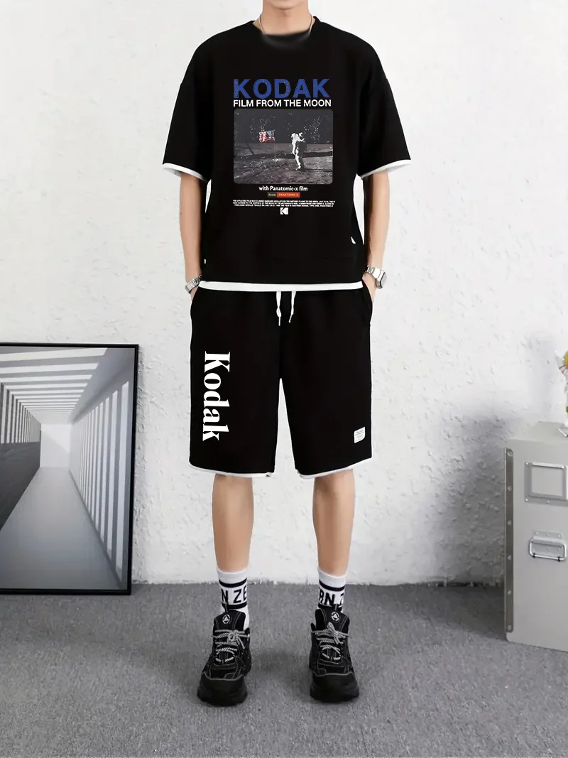 

Kodak brand printed summer men's short-sleeved + short pants set - adult outdoor breathable casual sports two-piece set