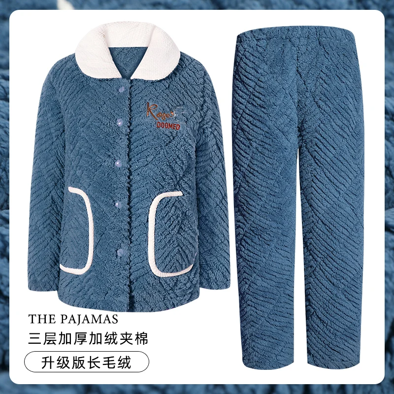 Women's pajamas with plush fleece cardigan large pocket design three-layer thick quilted women's home clothing pijamas mujer