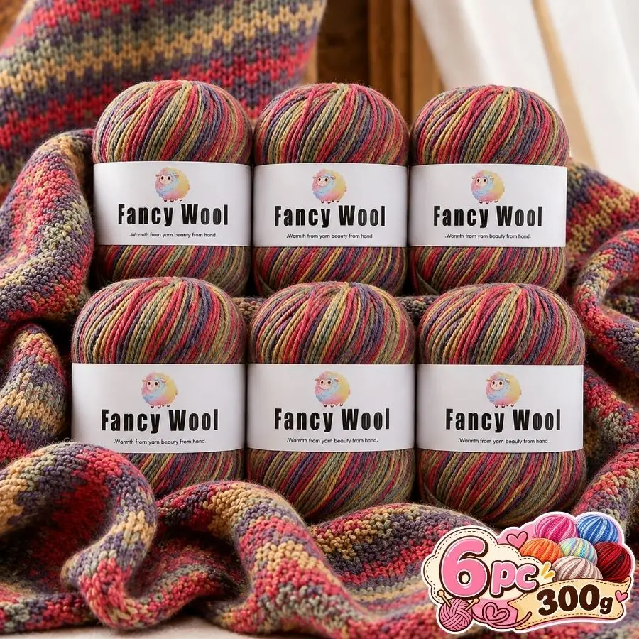 6 Stränge 300g Farbverlauf-Wollgarn, Weiches Warmes Mehrfarbiges Garn zum Häkeln & Stricken, für Pullover, Schals, Mützen, Tücher