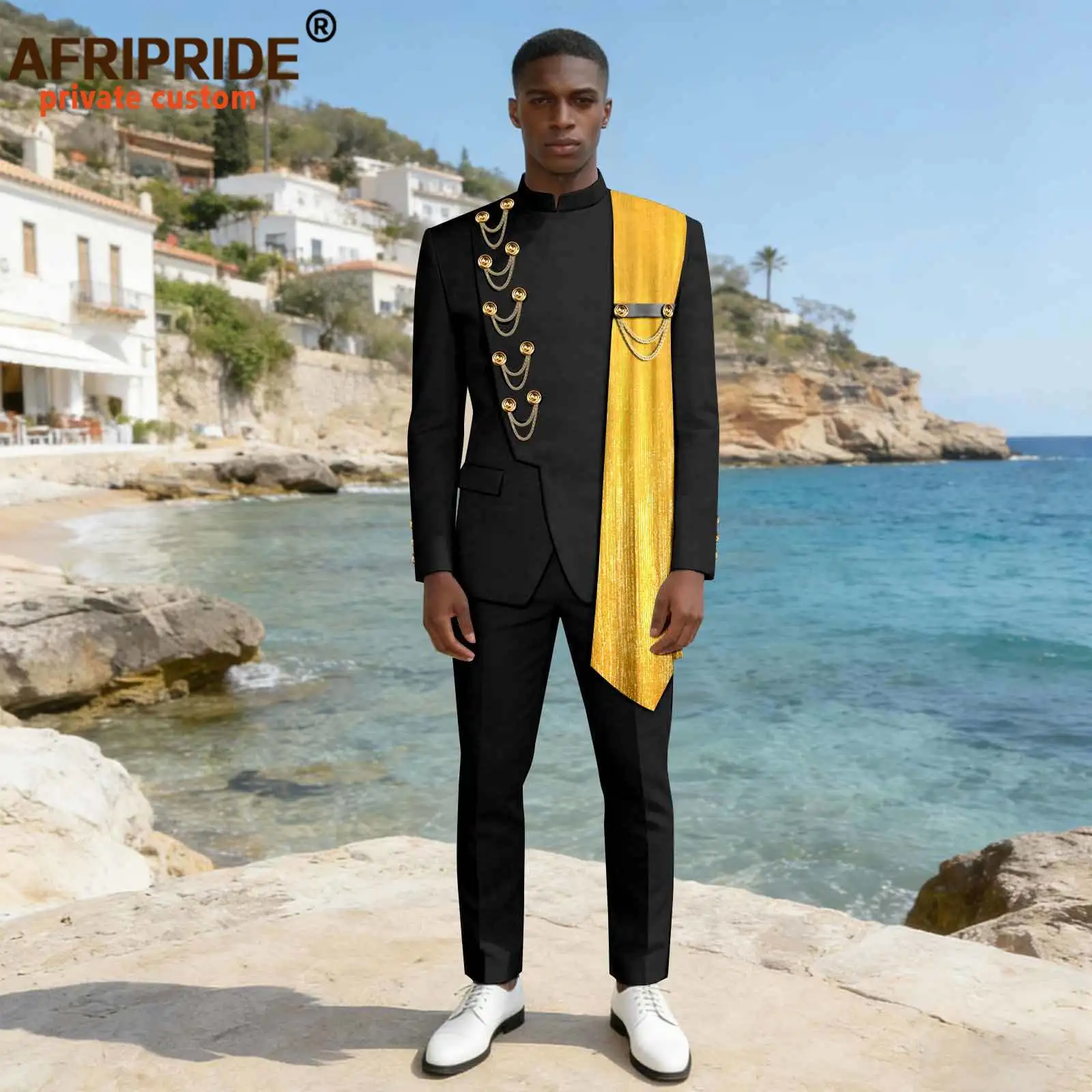 Men`s Business Suits Double Breasted Brooch Gold Chain Applique Blazer and Trousers Set African Clothes Dashiki Wedding 2616069