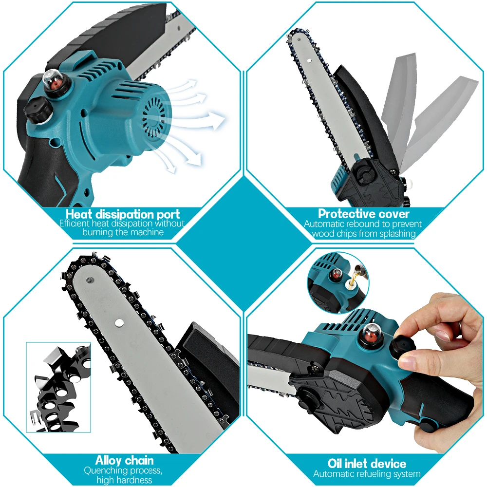 Sierra de cadena eléctrica de aceite inalámbrica sin escobillas de 8 pulgadas, sierra de poda de madera recargable para jardín, herramientas