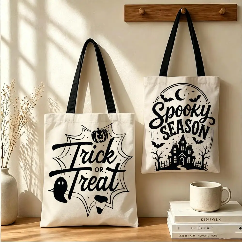 Trick or Treat Halloween Storage Bags Canvas Tote Bag Women Large Capacity Reusable Shopping Shoulder Bag Daily Handbag