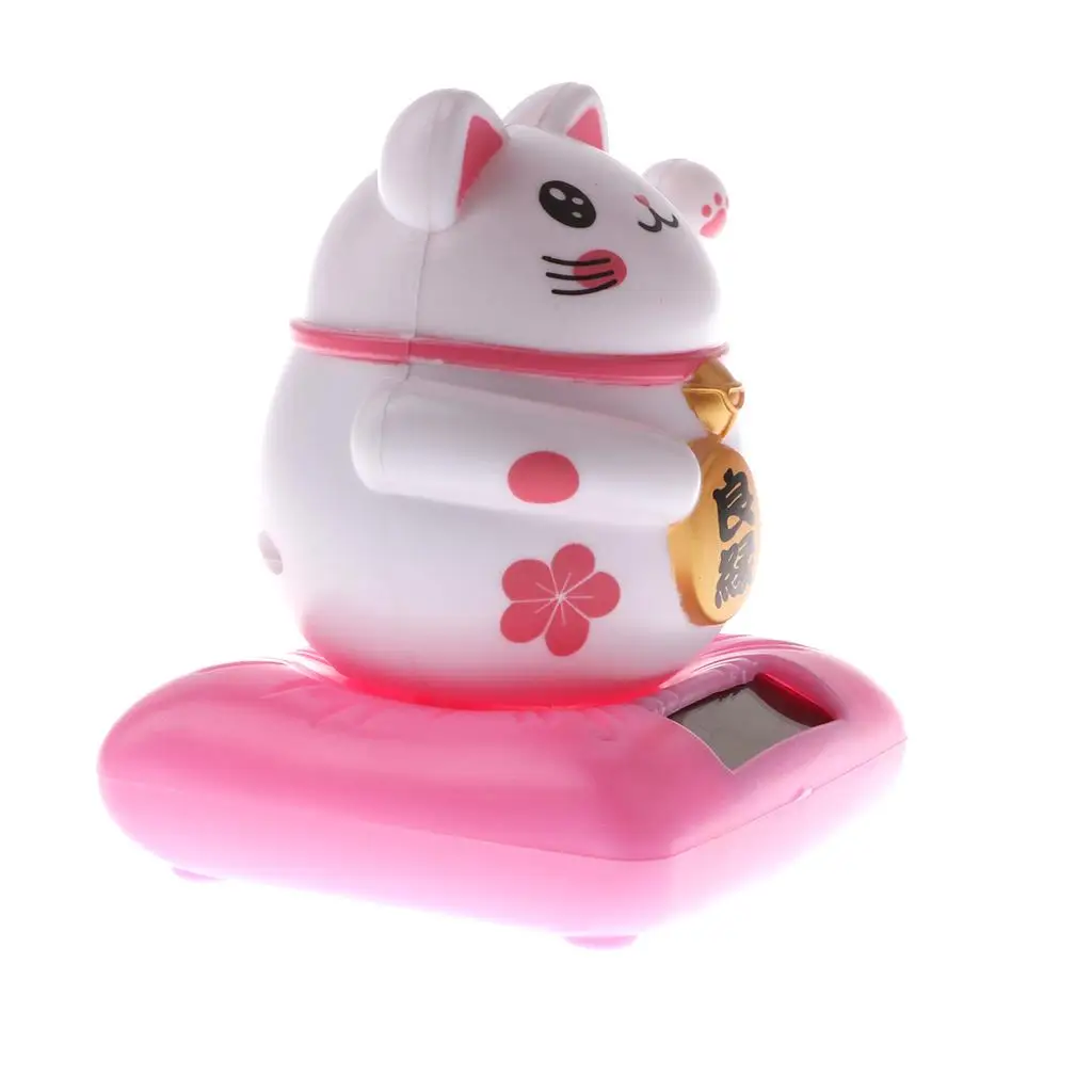 2X Solar Powered Raising Paw Fortune Cat Animal Figure Toy Home Decor Pink