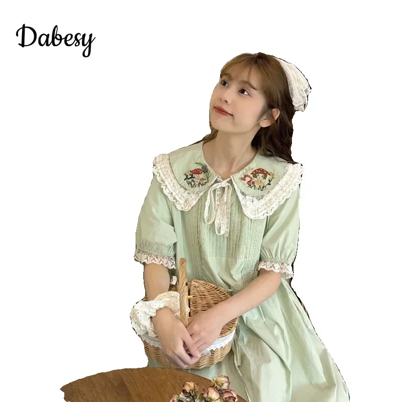 Vintage Peter Pan Collar Green Kawaii Dress Women Summer Japanese Mori Girl Lace-up A-linen Dress Female Casual Loose vestidos