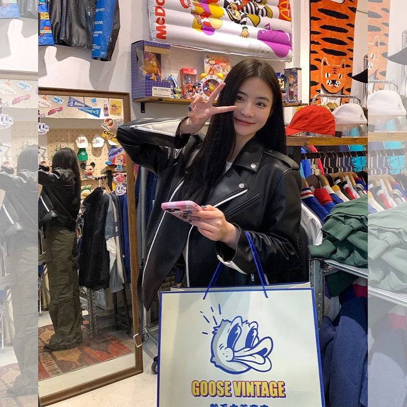 CC Giacca in Vera Pelle di Pecora con Pelliccia Sintetica Stile Moto Post-Punk da Donna, Giacca Primaverile in Pelle da Moto