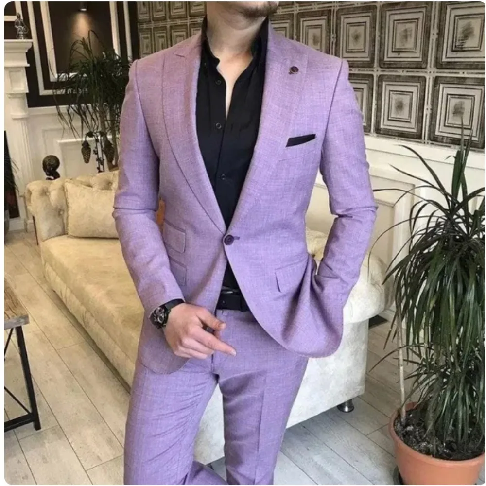 

Lavender Mens Suits 2 Pieces Slim Fit Elegant Wedding Prom Dinner Groom Tuxedo Male Peaked Lapel Jacket Pants Custom Made Blazer