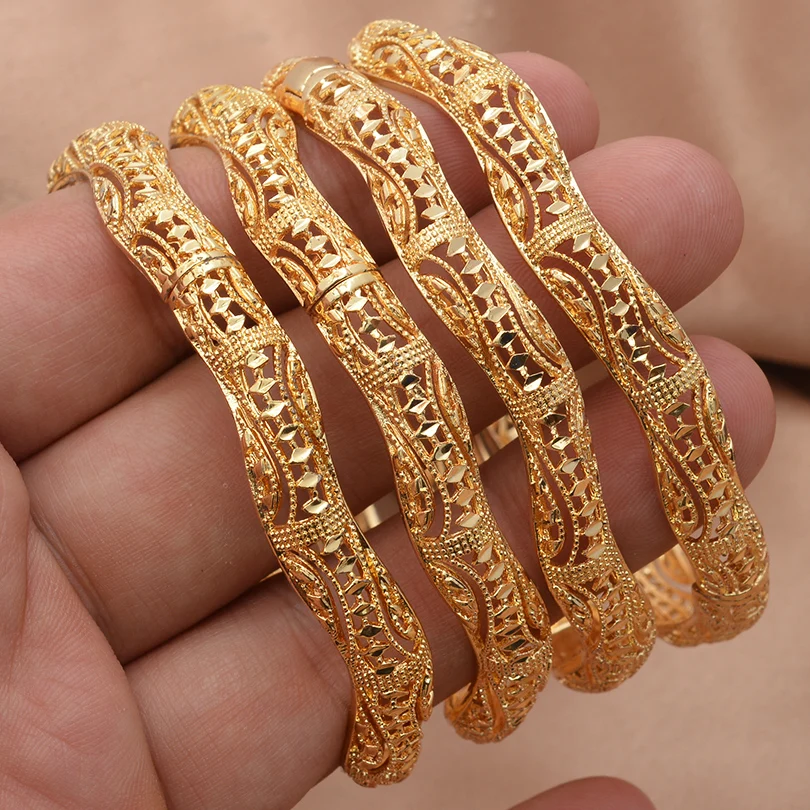 Annayoyo 4Pcs Gold Color Ripple High Quality Bangles&Bracelets Women Mother Metal Cuff Bangle Jewelry Bride Birthday Gifts
