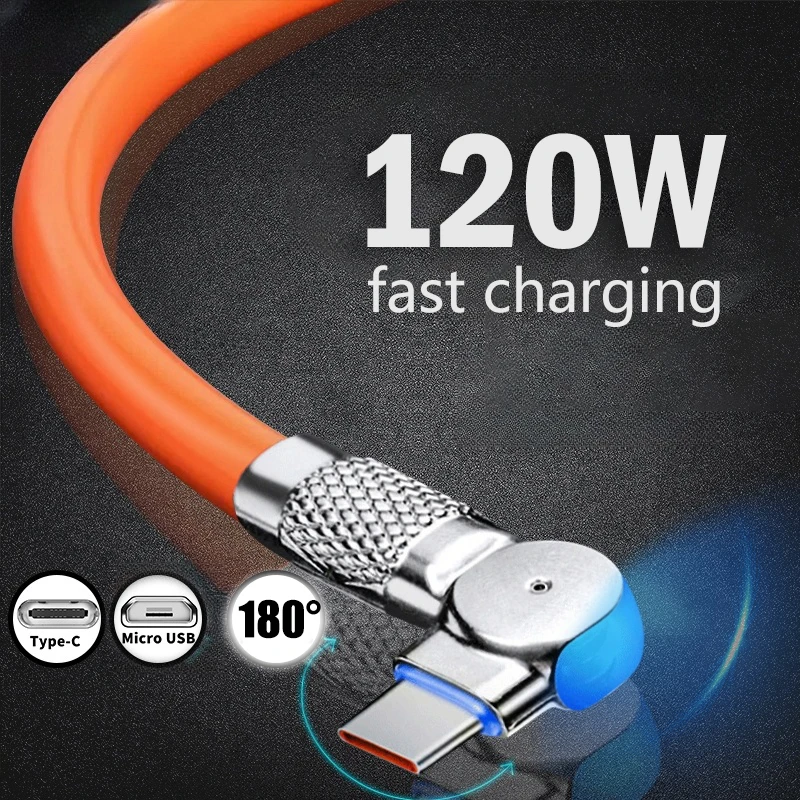 New Lighting 120W 6A Fast Charge Cable 180 Degree Rotation Elbow Game Cord For Xiaomi Samsung OPPO LED Micro USB Type C Cable