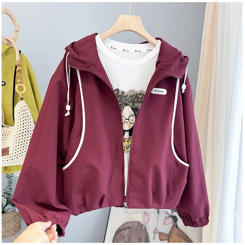 Women's Color Block Windbreaker Jacket 2026 Spring New Korean Style Loose Hooded Short Coat Casual Outwear