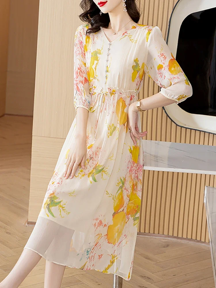 비치 스타일 꽃 실크 붕대 여성을위한 캐주얼 롱 드레스 여름 우아한 느슨한 휴일 드레스 2025 한국어 패션 이브닝 드레스