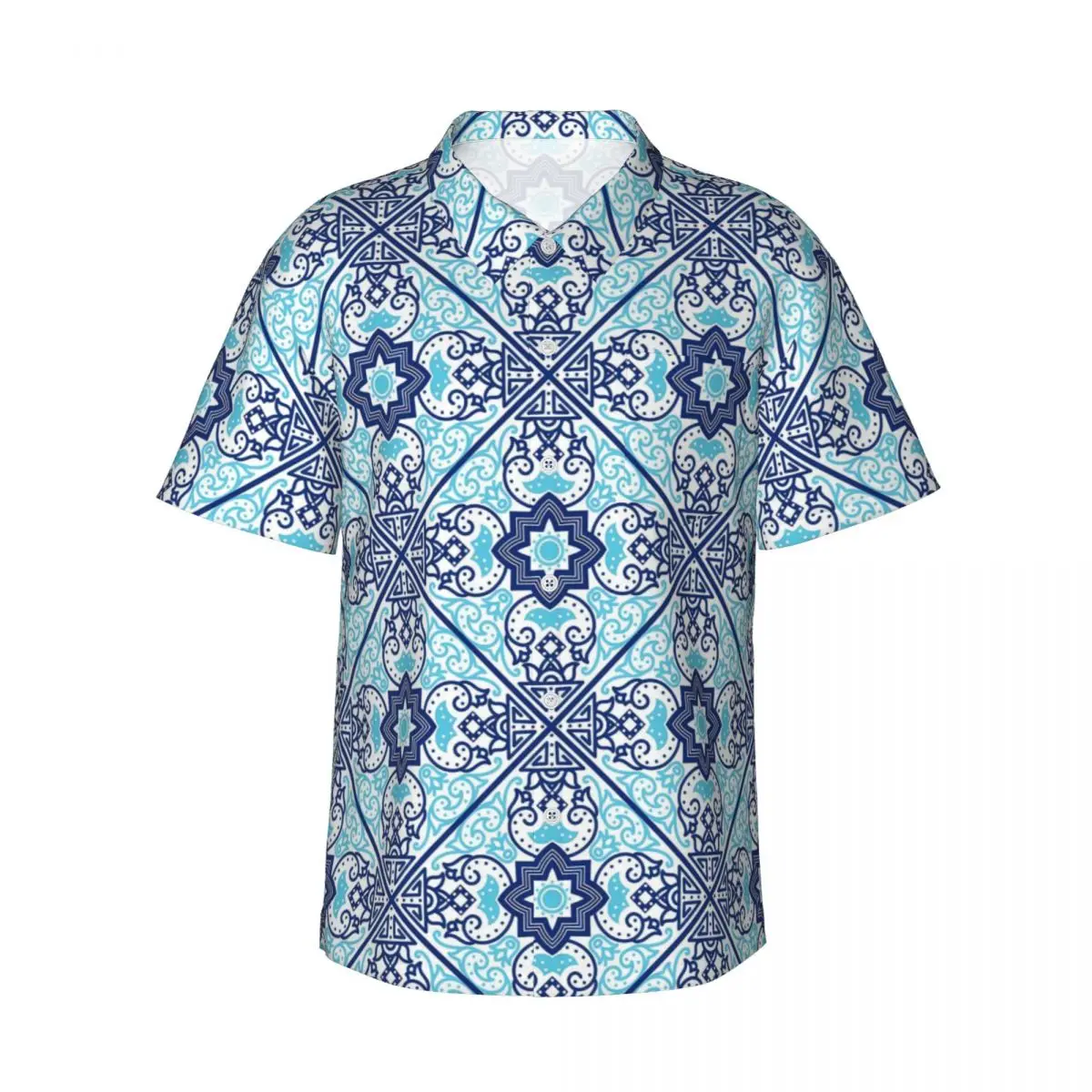 

Retro Ethnic Beach Shirt Blue Tribal Print Hawaiian Casual Shirts Male Novelty Blouses Short Sleeve Stylish Custom Clothing