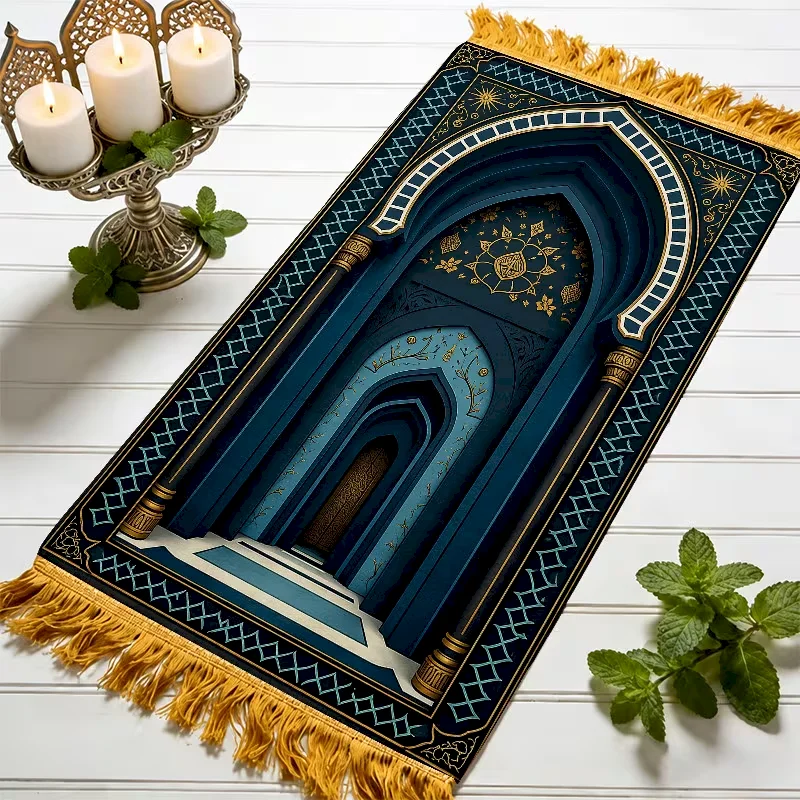 VIKAMA Blue 3D Arch Column Mat, Mosque Interior Islamic Muslim Prayer Rug, Boho Bedroom Living Living Room Rug