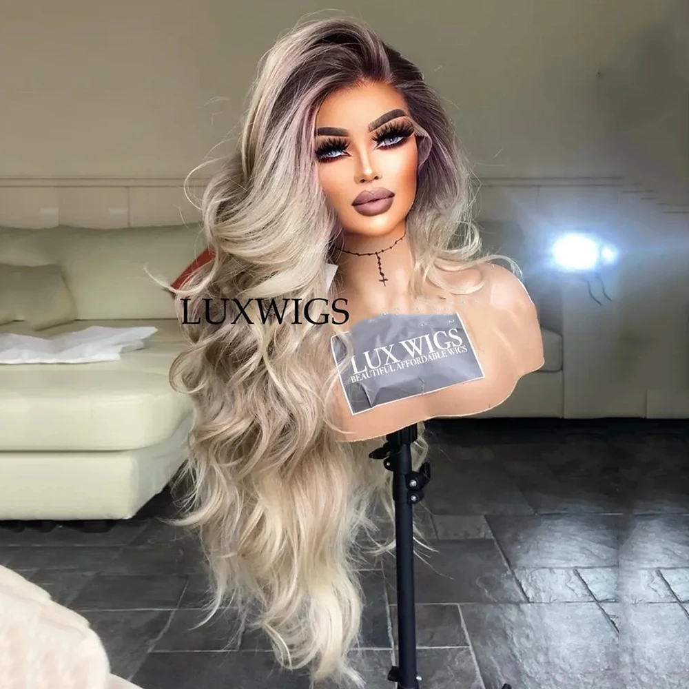 

Long Blonde Wig Thick Wavy Blonde Lace Front Wig with Light Brown Roots Balayage Synthetic Fibre Luxury Women Wigs Daily Use