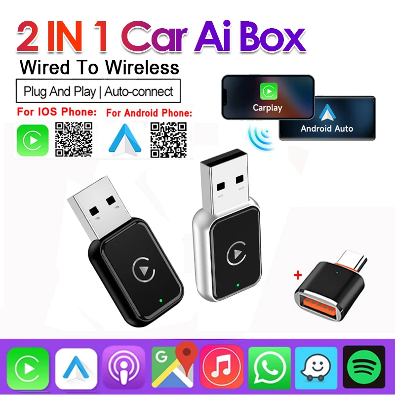 

2 в 1, проводная к беспроводному CarPlay Box и Android Auto Car Ai Box Plug и используется для Audi Mercedes Volvo Volkswagen OEM Carplay AA