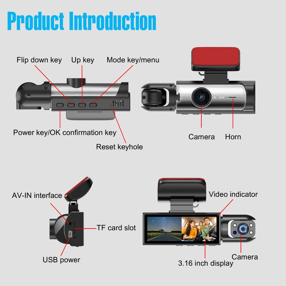Dual Lens Auto Kamera DVR 1080P Front Interior View Dashcam Fahrzeug Video Recorder Nachtsicht Loop Aufnahme Black Box – Detail 7