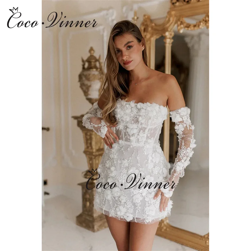 

Customized Strapless 3D Floral Short Wedding Dress 2025 New Special Sleeve Design Above Knee Length Bridal Dresses W1383