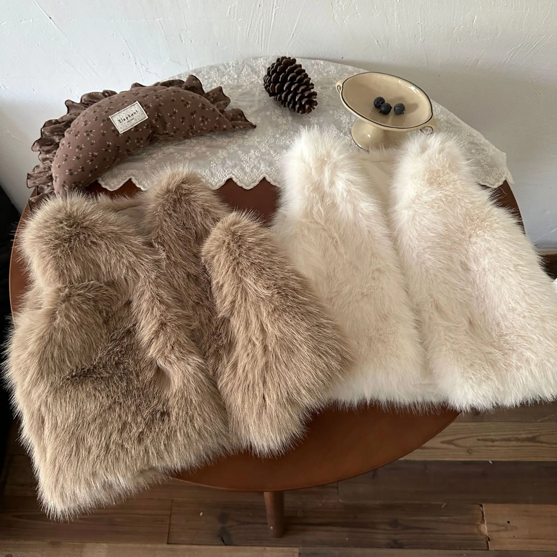 RAISE Winter Children Girls Faux Fur Coats 2-8Y Kids Girl Versatile Waistcoats Knit Mid-length Dress Undershirt for Toddler Girl