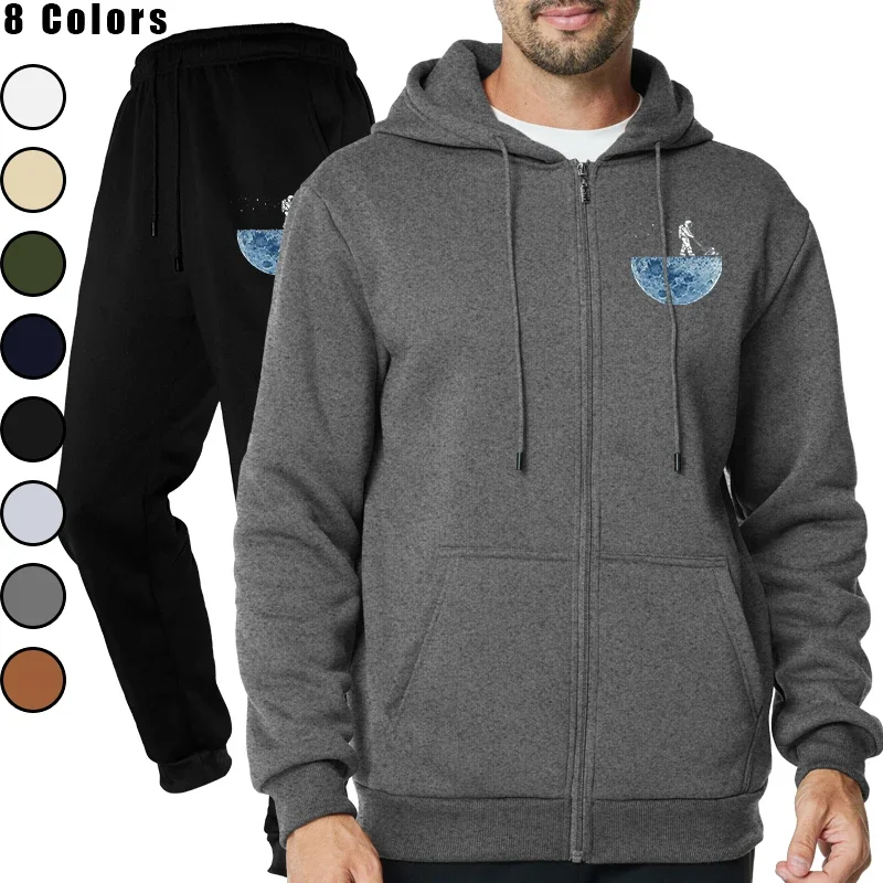 أزياء رجالية للياقة البدنية في الهواء الطلق الركض الرياضة الفاخرة زيبر عارضة هوديي وسراويل مجموعة الملابس