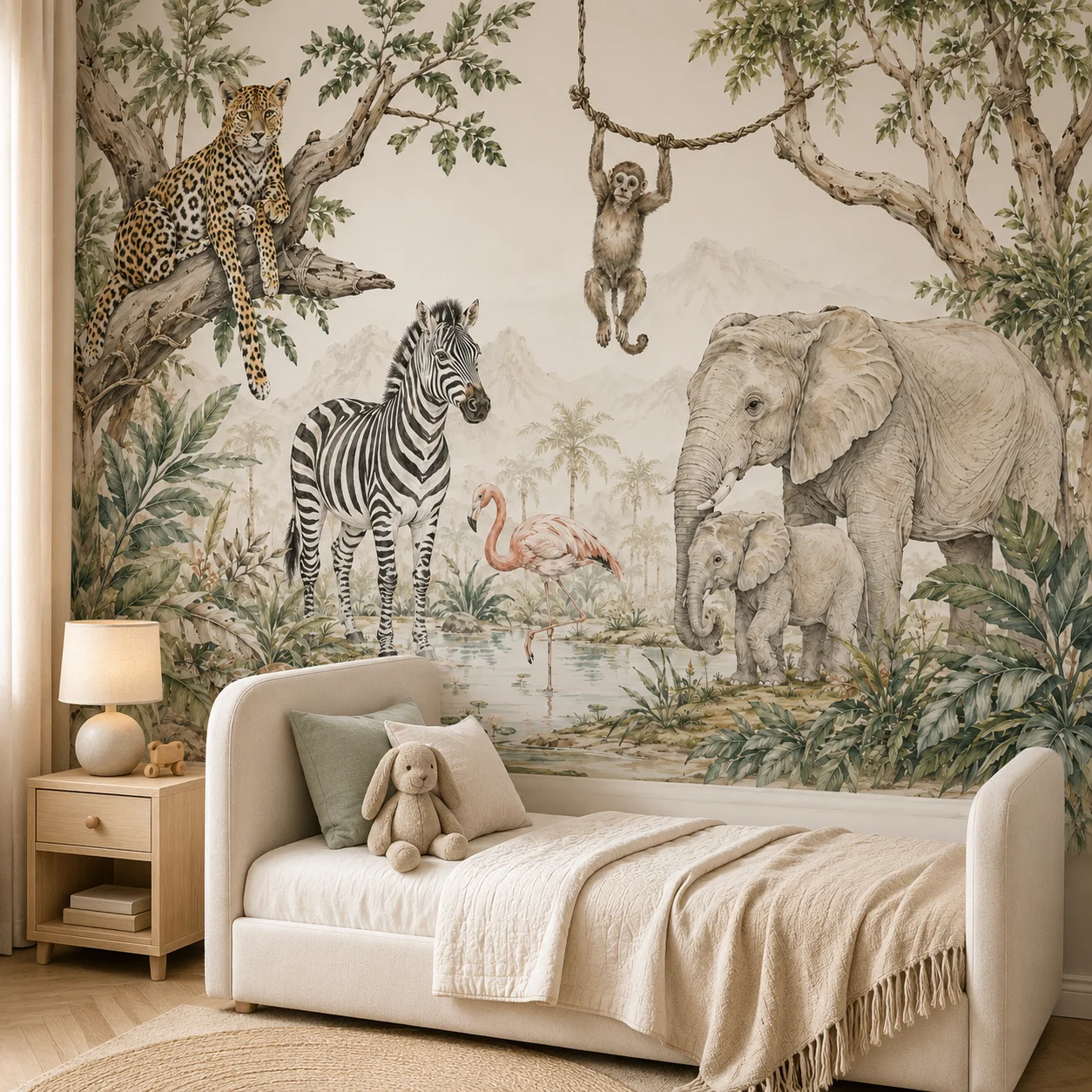 safari-animal-wall-mural-wallpaper-elephant-zebra-leopard-jungle-decor-for-nursery-kids-bedroom-paste-required
