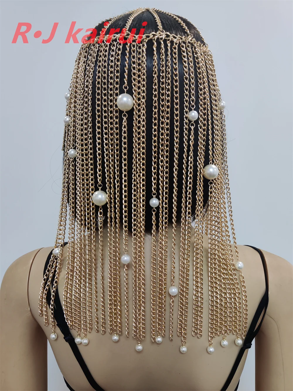 RJ Fashion Gold Plated Imitation Pearls Head Chains Layers Cosplay Marsk Head Hair Unique Party Dancing Chains Jewelry 2 Colors