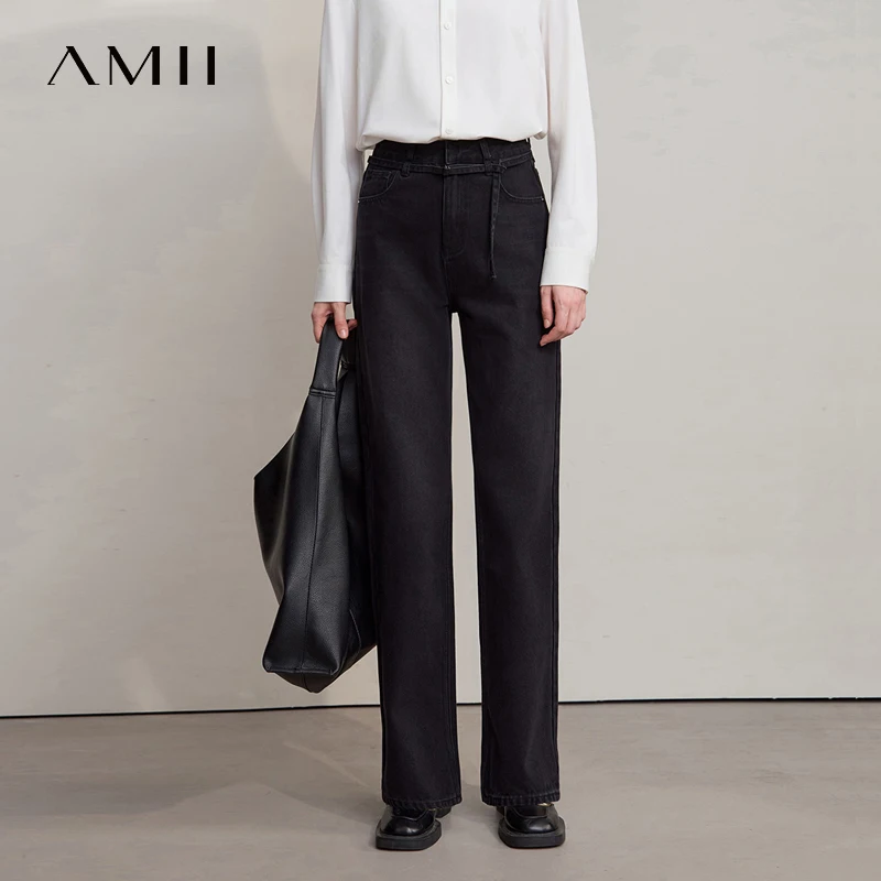 

Черные женские джинсы AMII, новинка зимы 2021, прямые женские брюки со съемным поясом, универсальные повседневные однотонные джинсы, женские 1254TM4064