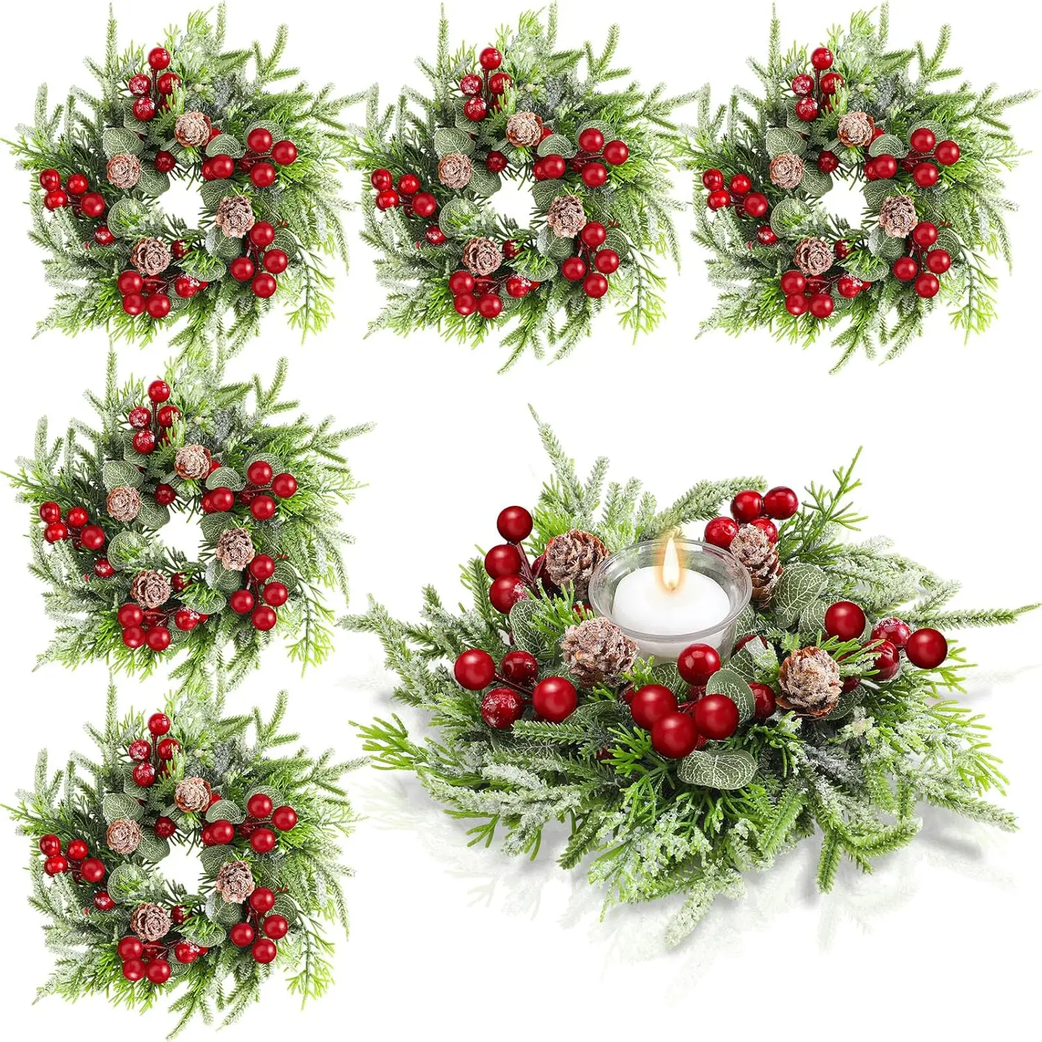 

Christmas Candle Rings – 8 Pcs Mini Wreaths with Berries & Snowy Pine for Chandelier, Cabinet & Table Decor