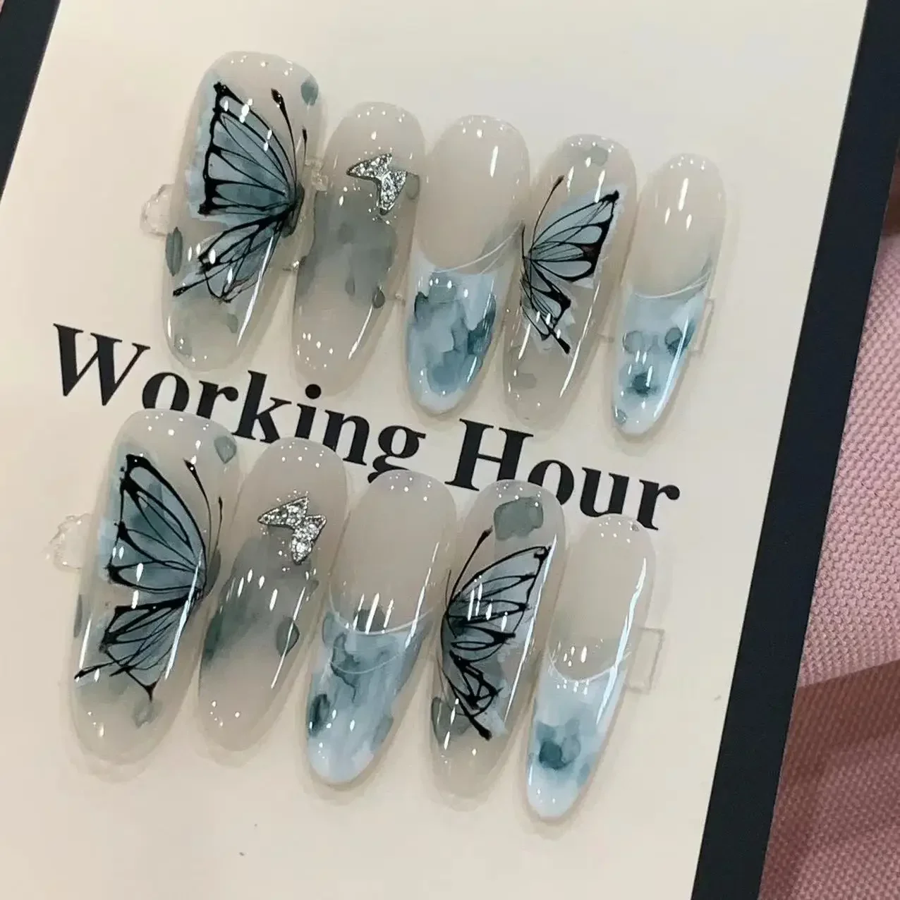 

Синий, серый градиент, бабочка, сплав, серебристые накладные ногти, креативный миндаль, французский стиль, накладные ногти балерины, модный пресс на ногтях