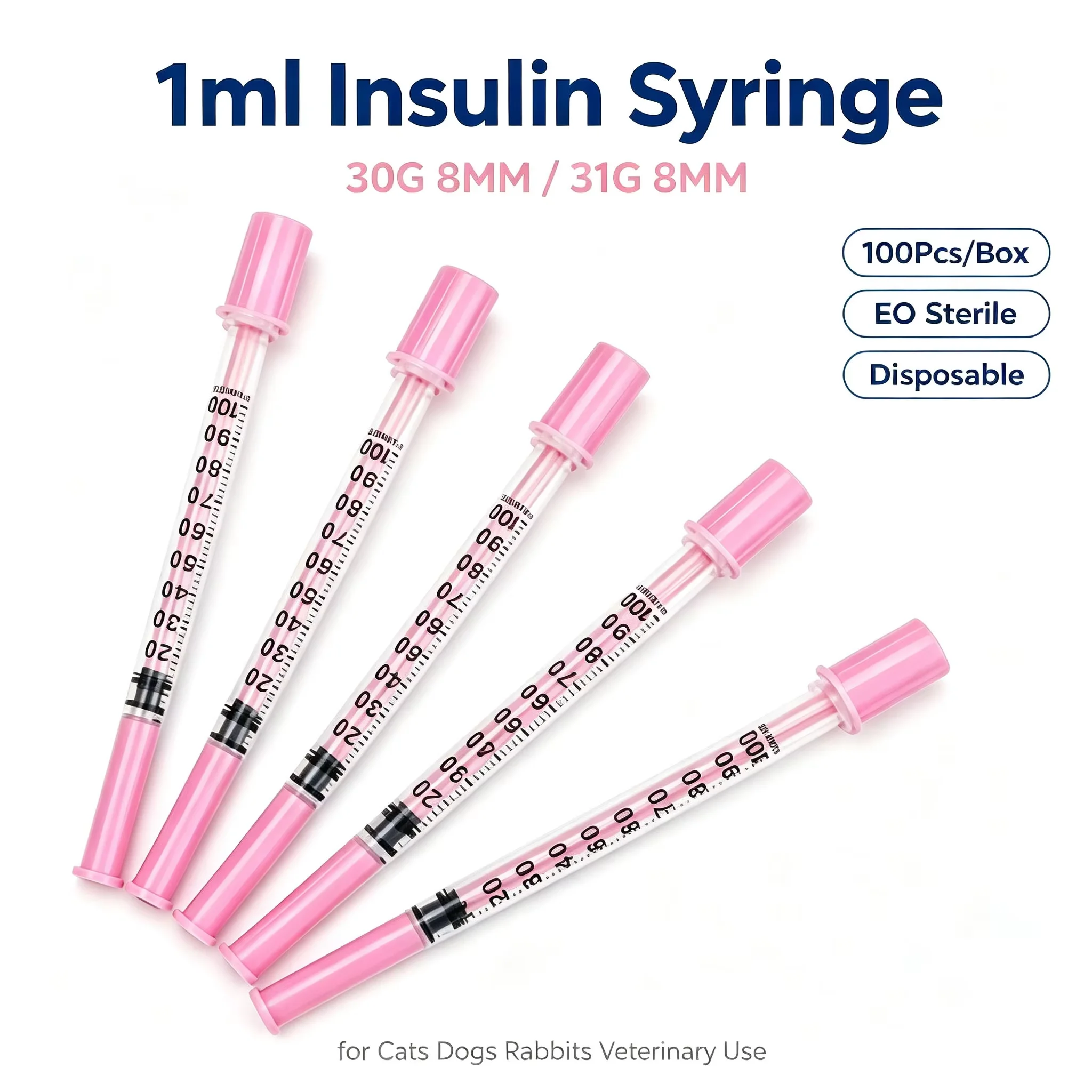 1 ml 31g/30g, 8MM, pink insulin syringe, laboratory syringe, individually packaged