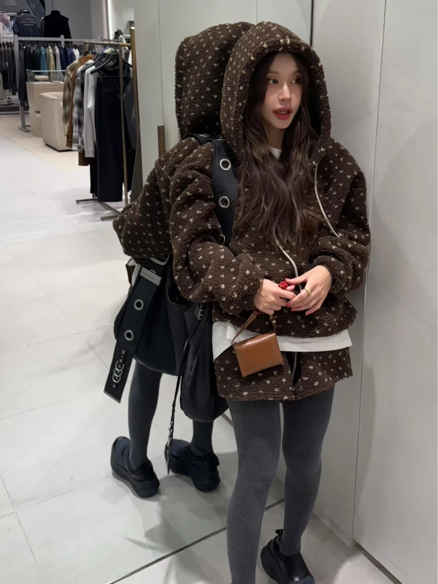 Модный комплект из меха ягненка, толстовка Fce с высокой талией, женские зимние брюки с вышивкой в виде сердца, брюки