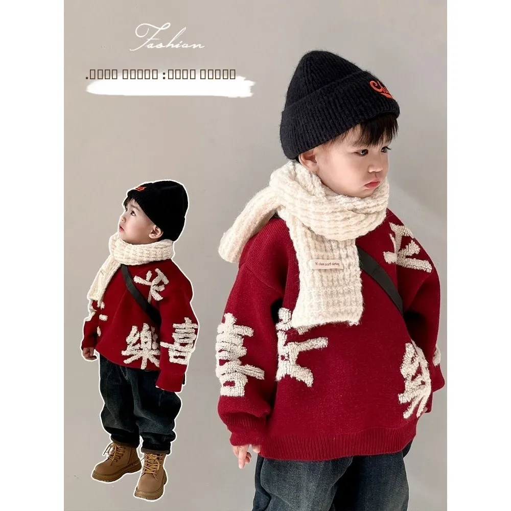 

Red Children's Sweater round Ne ex New Year Sle Knitted Top Trendy Retro Design Autumn Winter Collection for Kids