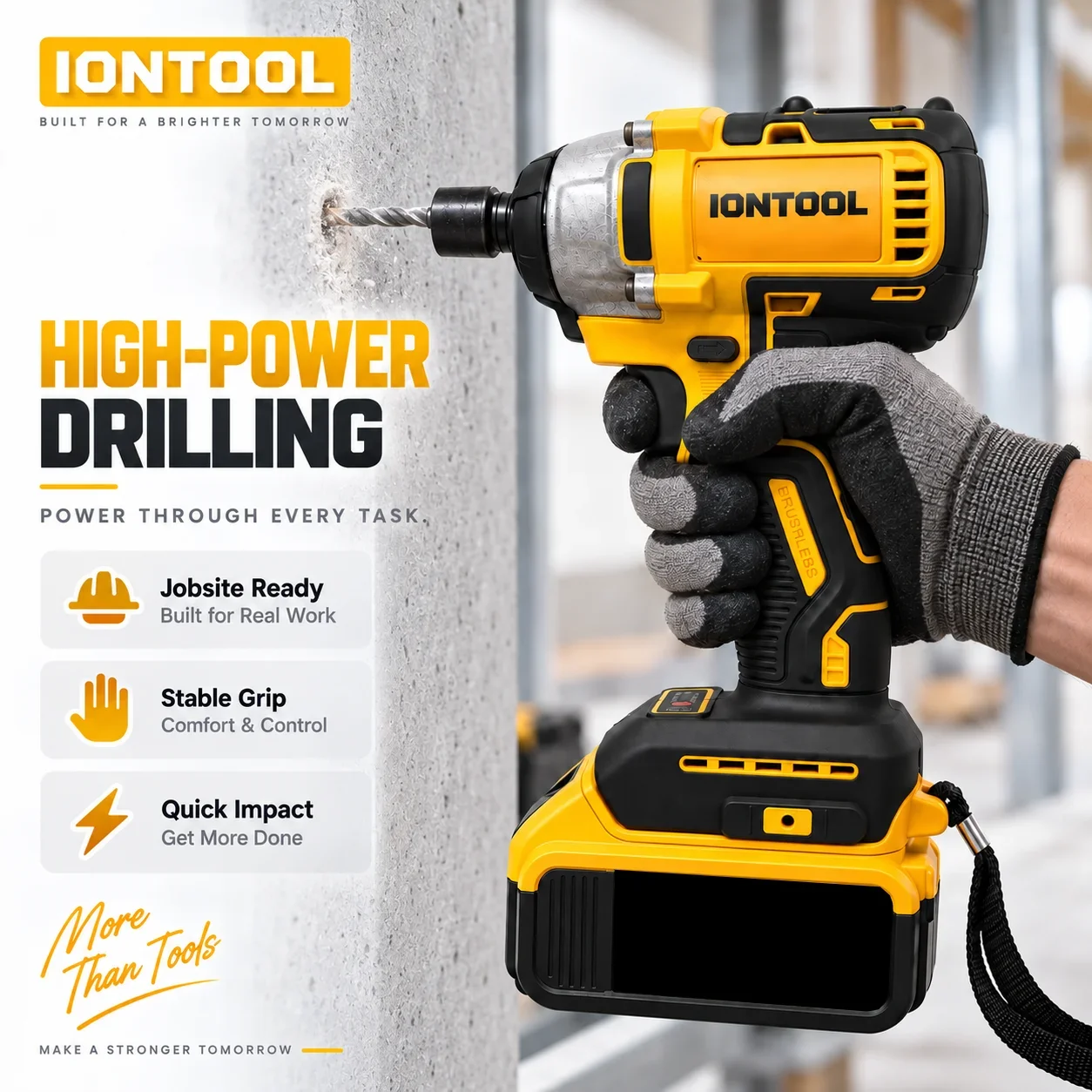 IONTOOL 3300rpm Yellow Handheld Cordless Impact Driver For Furniture Assembly Cabinet Installation and Screwdriving Work