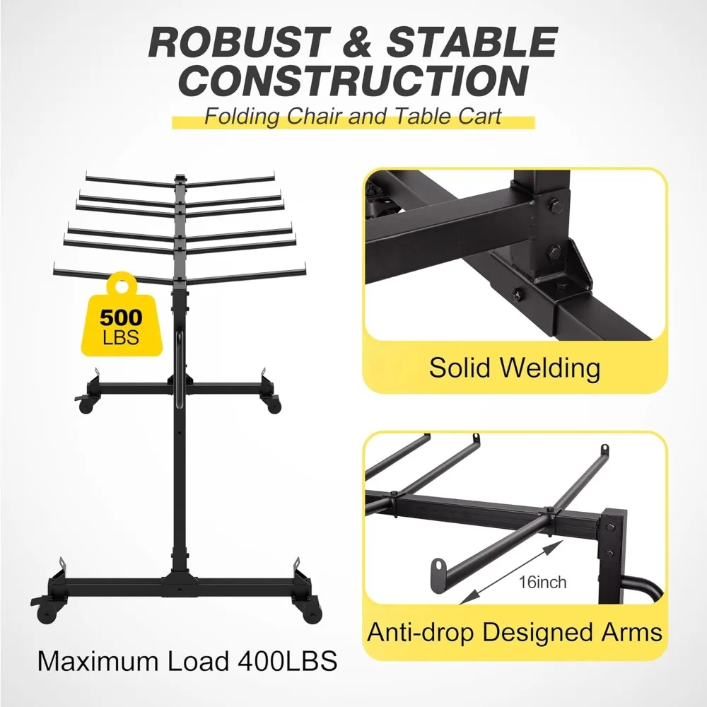 عربة تخزين كرسي معدنية قابلة للطي شديدة التحمل مع طبقة واحدة لـ 42 كرسيًا أو 12 طاولة، تدعم ما يصل إلى 500 رطل