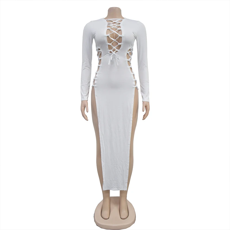 Sexy Vrouwelijke Effen Kleur Hoge Split Criss-Cross Veteraan Maxi Jurk Laag Uitgesneden V-Hals Lange Mouw Mode Nieuwe Onregelmatige Slanke Clubkleding