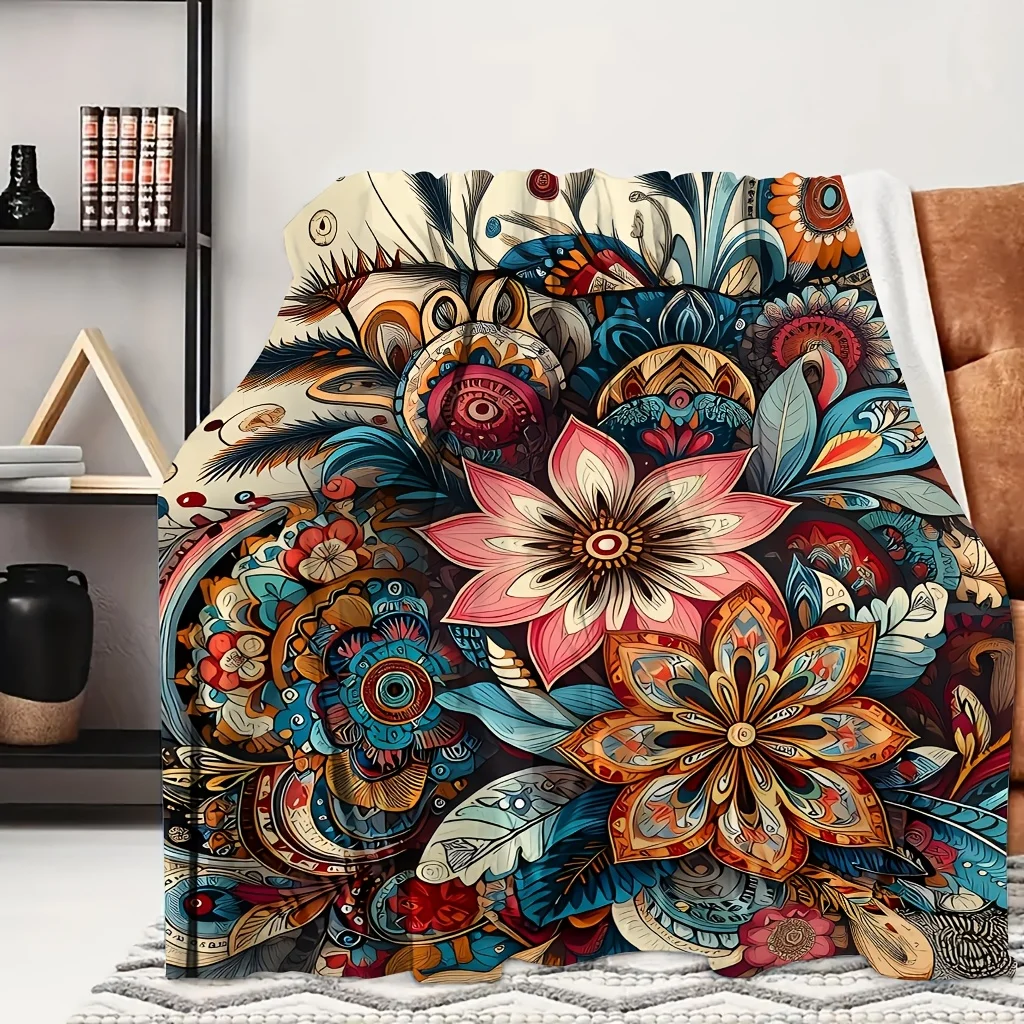 1pc Vibrant Multicolor Peony Boho Floral Print Flannel Blanket, All-season Usable and Comfortable, Suitable for Blankets, Kid Be