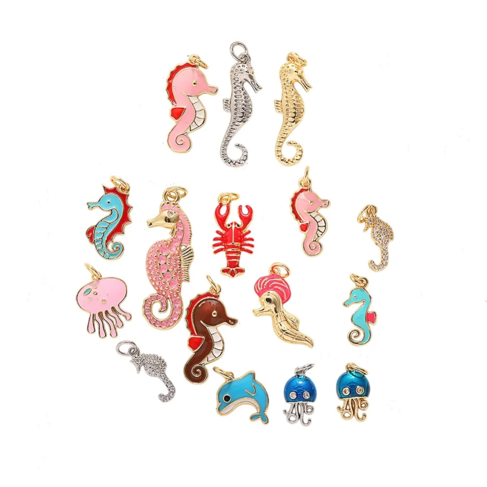 3 Pcs Enamel Sea Creature Pendant Diy Necklace Charm Making Seahorse Jellyfish Crayfish Copper Plated Zircon Jewelry Accessories