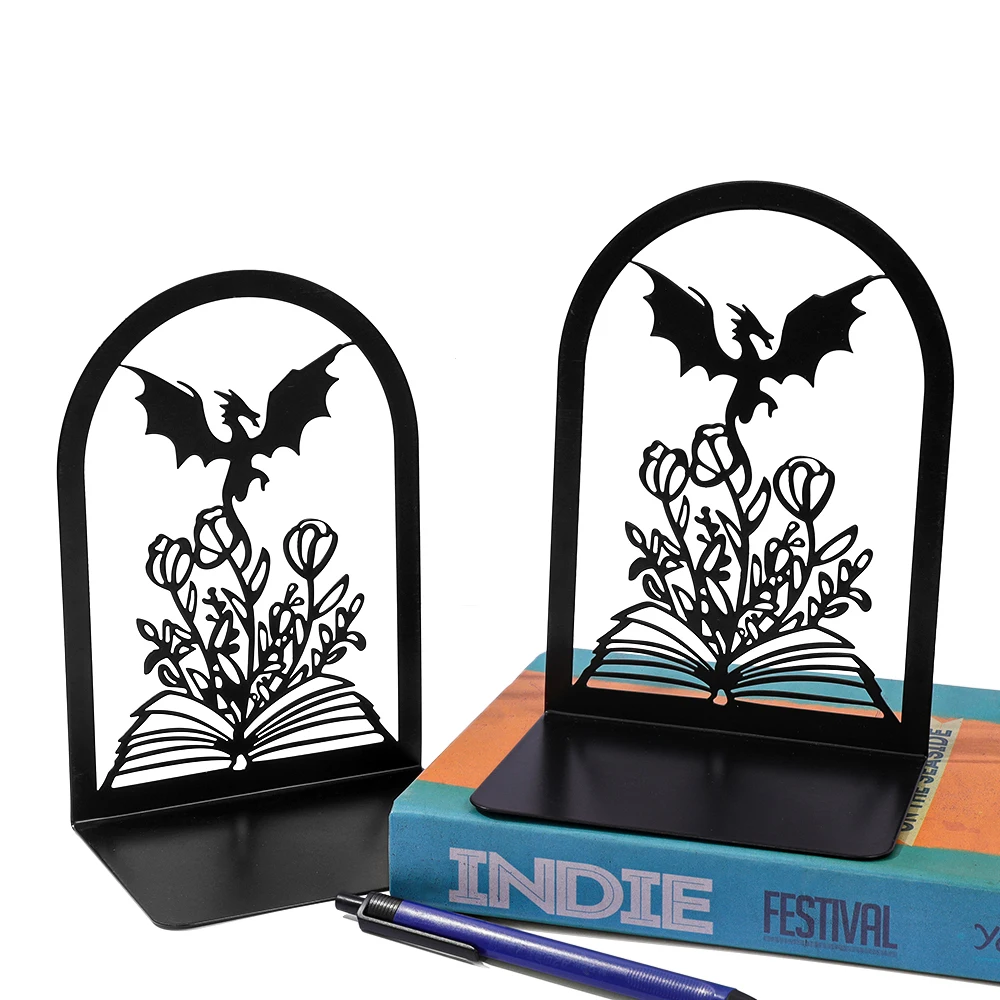 

Fantasy Fourth Wing Dragon & Floral Bookends, Non - Slip Book Stoppers for Home Office Library Shelves, Gift for Book Lovers