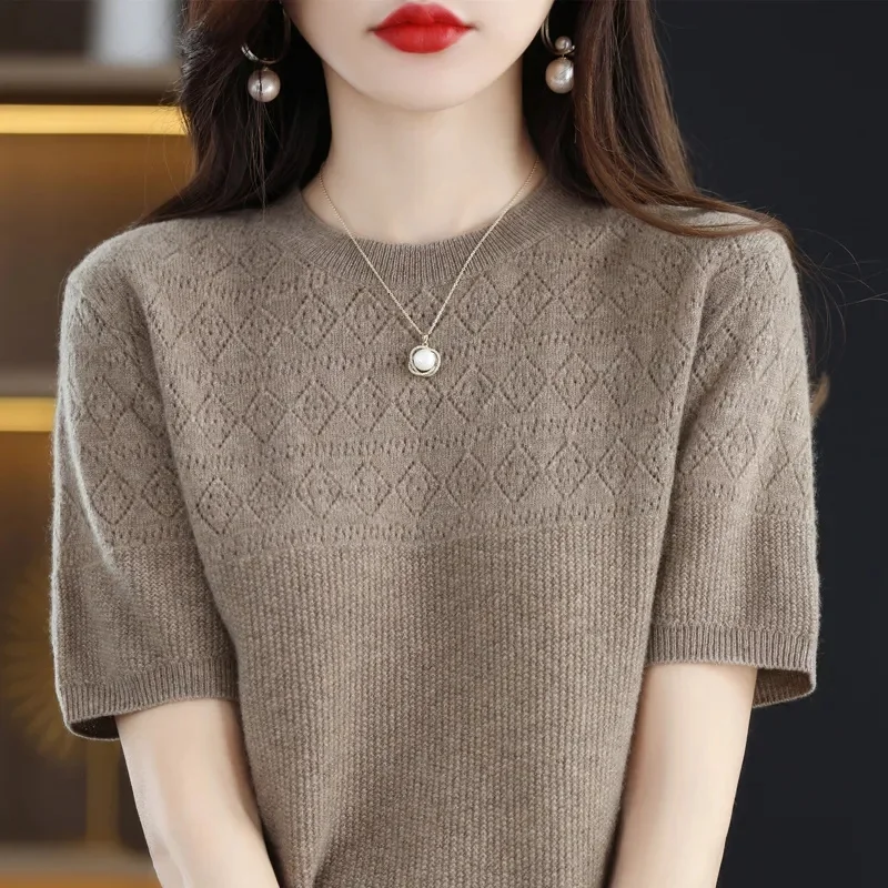 HOT 2024 Women Sweater Short Sleeve O-neck Stripe Knitwears Slim Fit Shirt Korean Fashion Pullovers Knit Tops Bottoming Shirts