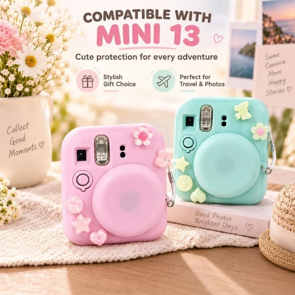 Soft Silicone Camera Case DIY Charm Holes with Lens Cap Protective Shell Shock Absorbing for Fujifilm Instax Mini 13