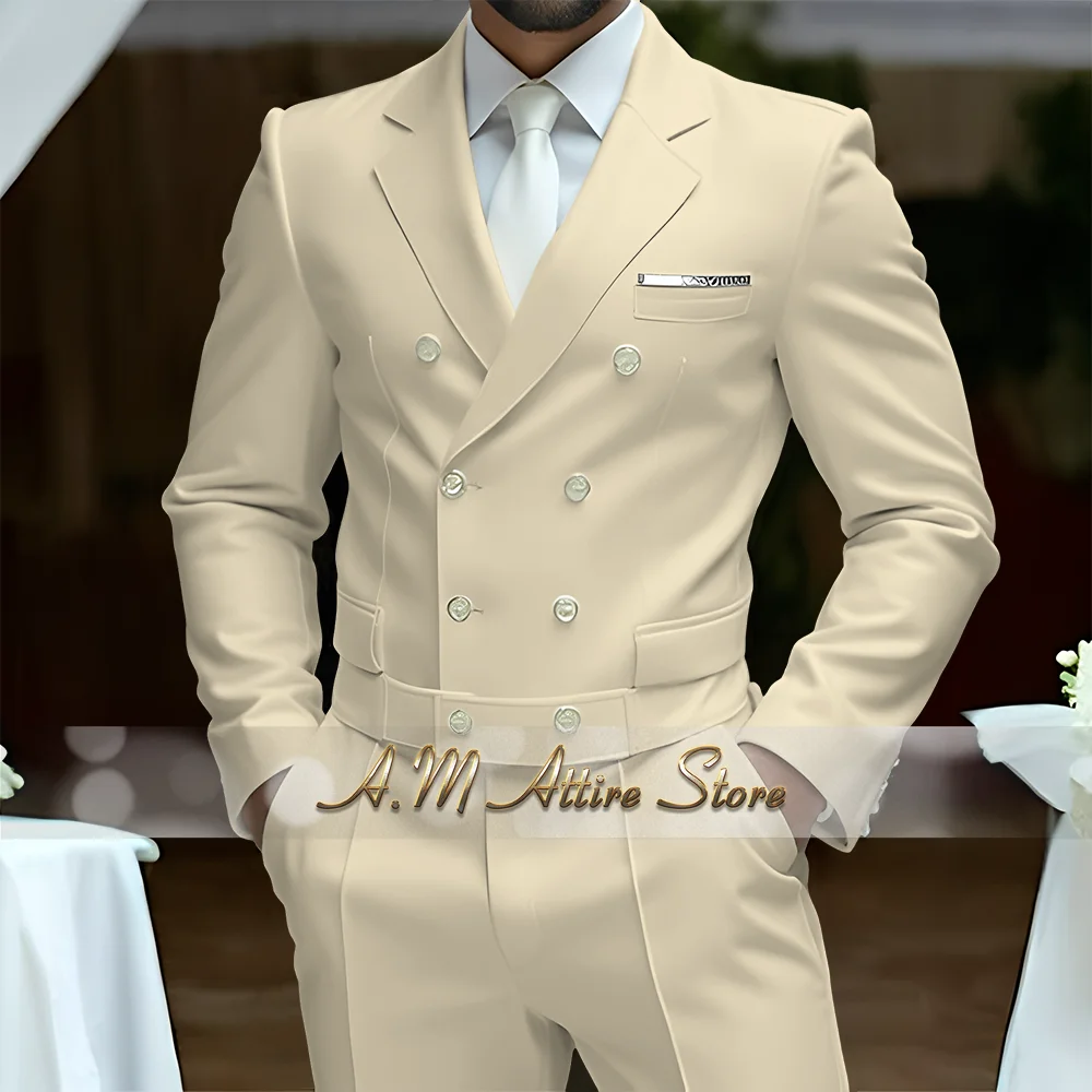 Matching Design Men's Clothing White Luxury Suit 2pcs Double-breasted Blazer Pants Elegance Wedding Evening Party Tuxedo Bespoke - Image 3