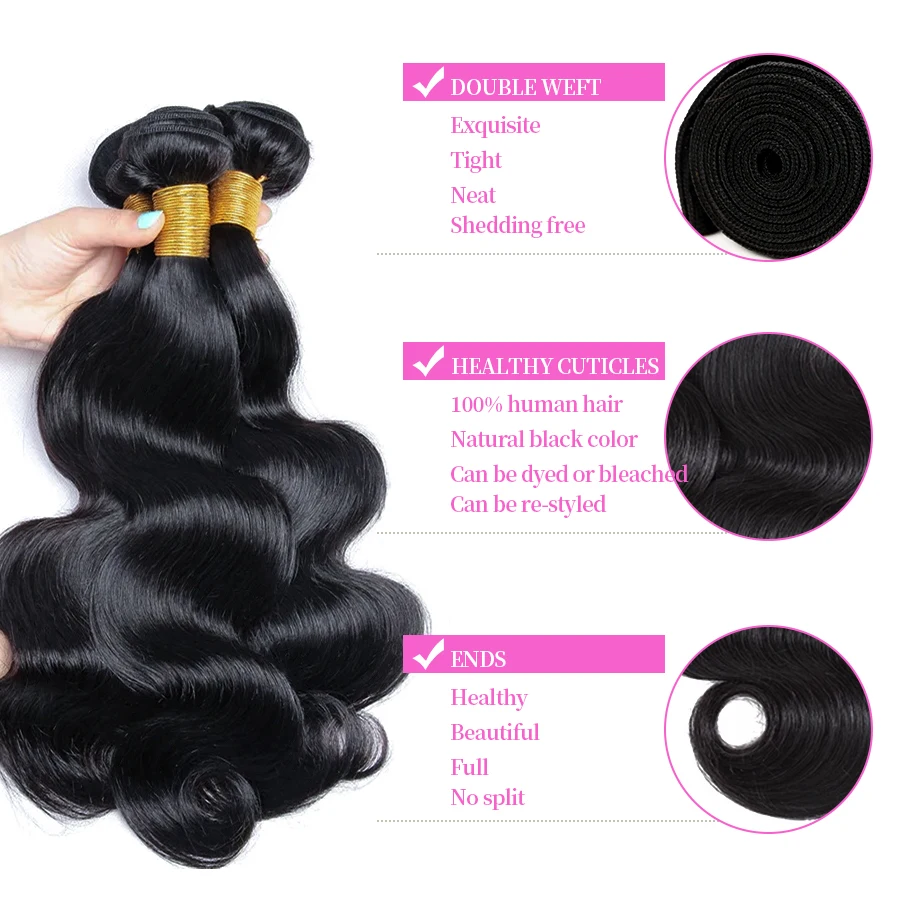 Bundles brésiliens de cheveux humains avec fermeture, 100% cheveux humains vierges Remy, fermeture à lacet 13 × 4, noir naturel, grande vague de corps