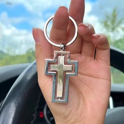 Classic Silver Color Cross Keychains Metal Double-sided Rotating Cross Pendant For Men Religious Belief Souvenir Gift