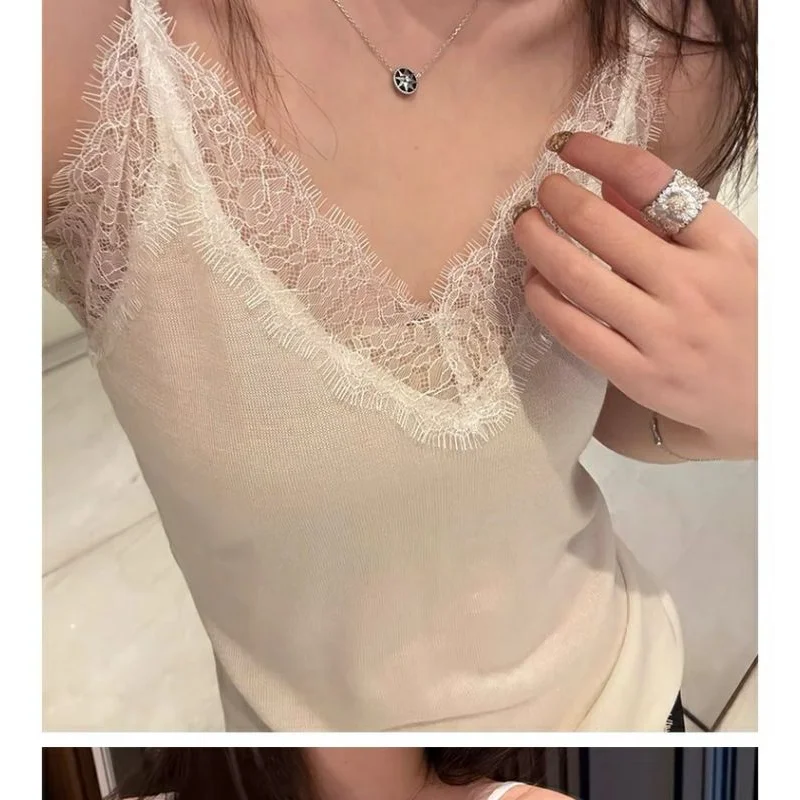 Women's Grey Lace Trim V Neck Camisole Soft Knit Sleeveless Tank Casual Innerwear Daily Layering Top