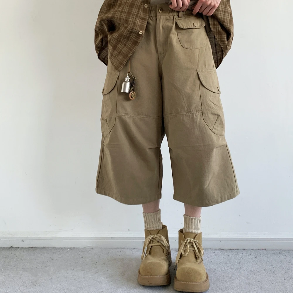 Japanese Vintage Cargo Pants Unisex Summer 3/4 Length Shorts Multi-Pocket Workwear Casual Straight Leg Cotton Trendy Streetwear